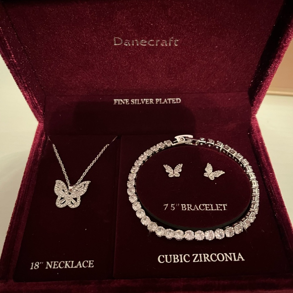 Silver Butterfly Necklace, Earrings and Bracelet Set